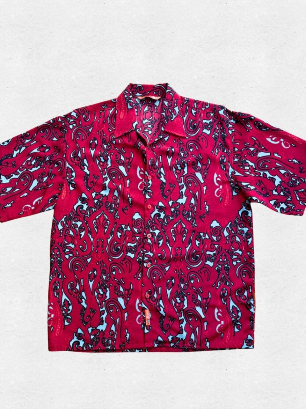 Vintage 90s Streetwear Red Short Sleeve Tribal Print Shirt Mens Medium Cyber Y2K